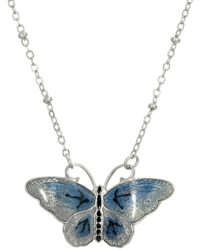 2028 Silver Tone And Black Enamel Butterfly Necklace - Blue