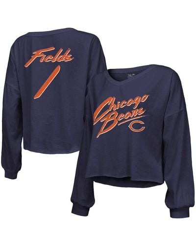 Majestic Threads Justin Fields Distressed Chicago Bears Name And Number Off-shoulder Script Cropped Long Sleeve V-neck T-shirt - Blue