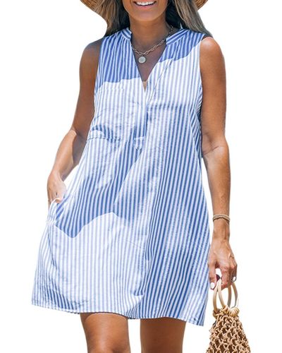 CUPSHE Blue & White Stripe Sleeveless V-neck Mini Beach Dress