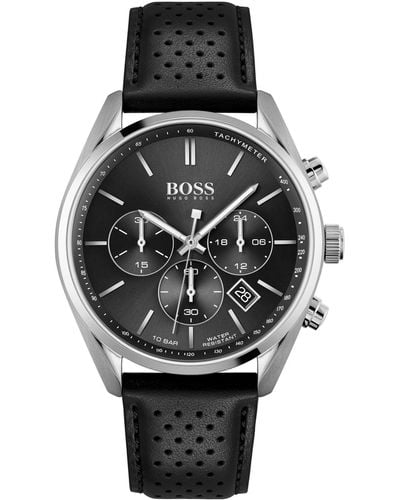 BOSS Champion Chronograph Leather Strap Watch - Black
