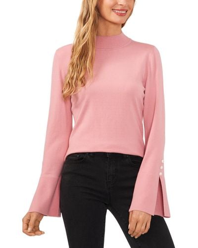 Cece Imitation Pearl Trim Split Sleeve Mock Neck Sweater - Pink