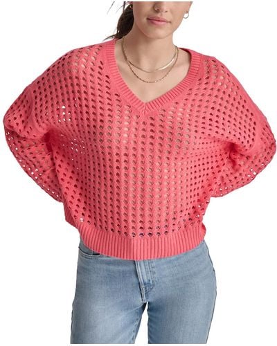 DKNY V-neck Open-stitch Cotton Sweater - Red