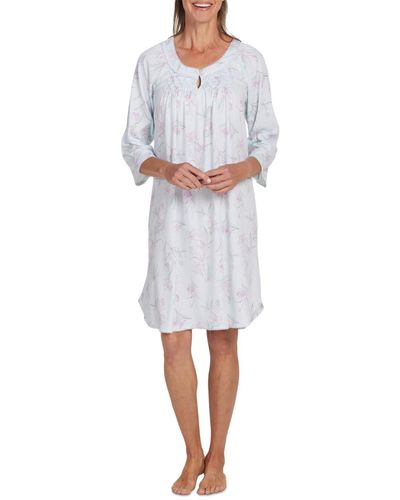Miss Elaine Long-sleeve Floral Short Nightgown - White