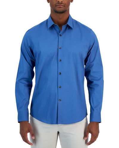 Alfani Modern Classic-fit Stretch Solid Button-down Shirt - Blue