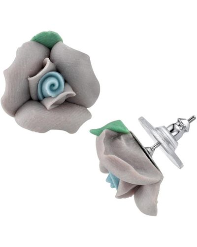 2028 Silver Tone Large Porcelain Rose Earrings - Purple