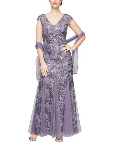Alex Evenings Petite Sequined Embroidered Gown & Shawl - Purple