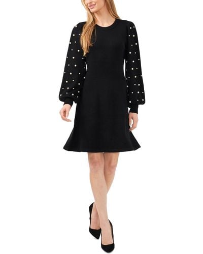 Cece Imitation Pearls Sleeve Crewneck Sweater Dress - Black
