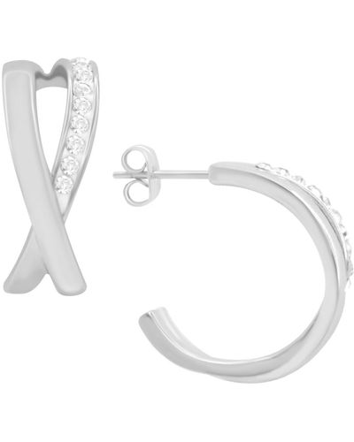 Essentials High Polished Clear Crystal Cross Over C Hoop Earring - White