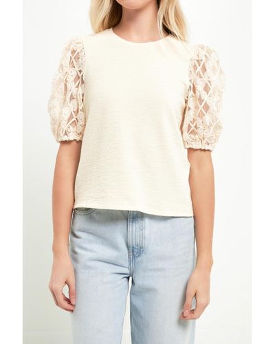 English Factory Floral Texture Sleeve Top - White