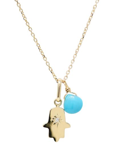 Anzie Diamond Accent & Sleeping Beauty Turquoise Hamsa Hand Two Charm Pendant Necklace - Blue