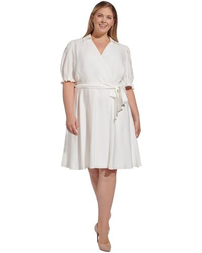 DKNY Plus Size Puff-sleeve Tie-waist Fit & Flare - White