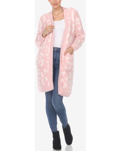 White Mark Leopard Print Open Front Sherpa Cardigan - Pink