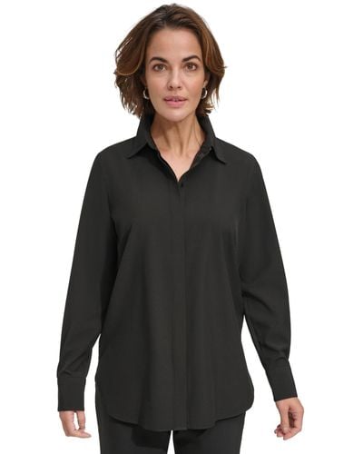 DKNY Solid Covered-placket Long-sleeve Shirt - Black