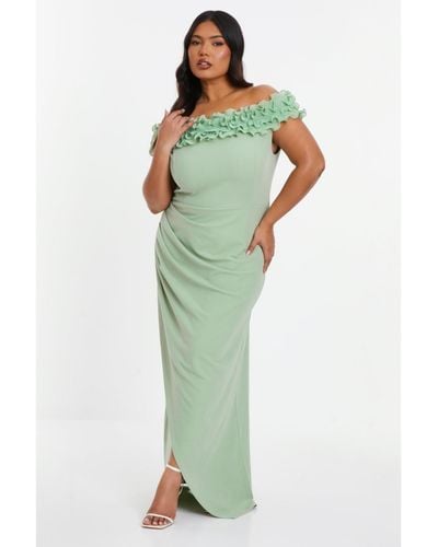 Quiz Plus Size Ruffle Bardot Ruched Maxi Dress - Green