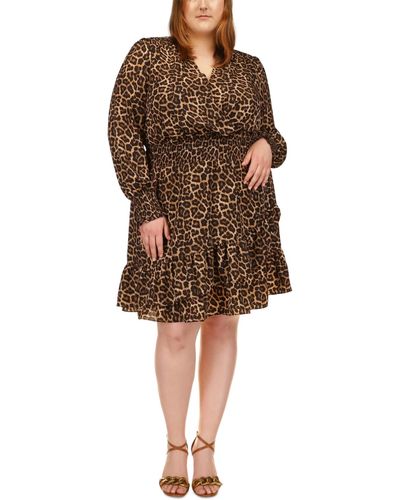 Michael Kors Michael Plus Size Julia Smocked Waist Animal-print Dress - Brown