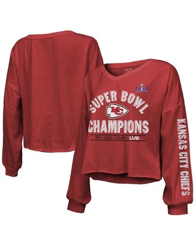Majestic Distressed Kansas City Chiefs Super Bowl Lviii Champions Always Champs Off-shoulder Long Sleeve V-neck T-shirt - Red