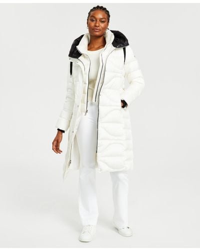 Vince Camuto Belted Quilted Hooded Puffer Coat - White