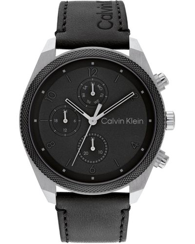 Calvin Klein Multifunction Leather Strap Watch 44mm - Black