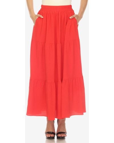 White Mark Pleated Tie Maxi Skirt - Red