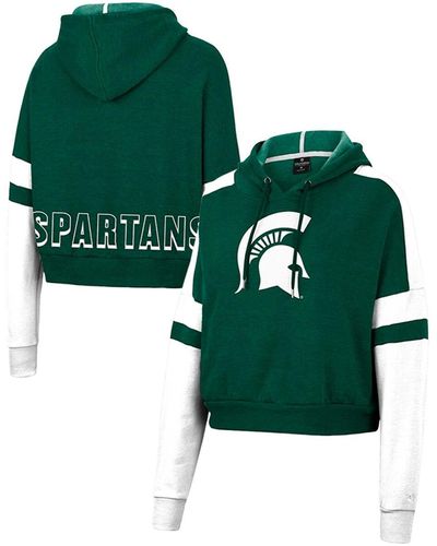 Colosseum Athletics Michigan State Spartans Throwback Stripe Arch Logo Cropped Pullover Hoodie - Green