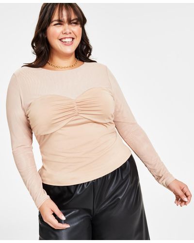 BarIII Plus Size Ruched-bodice Sheer-sleeve Top - Black