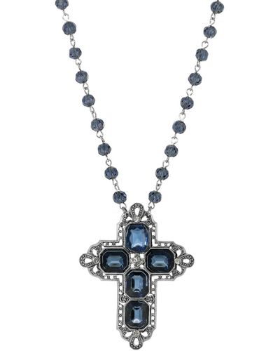 2028 Pewter Rectangle Sapphire Color Crystal Cross Beaded Necklace - Blue
