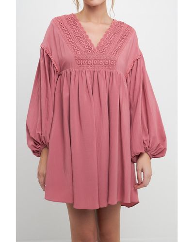 Free the Roses Laced Blouson Sleeve Shift Dress - Pink