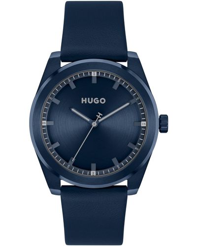 HUGO Bright Quartz Blue Leather Watch 42mm