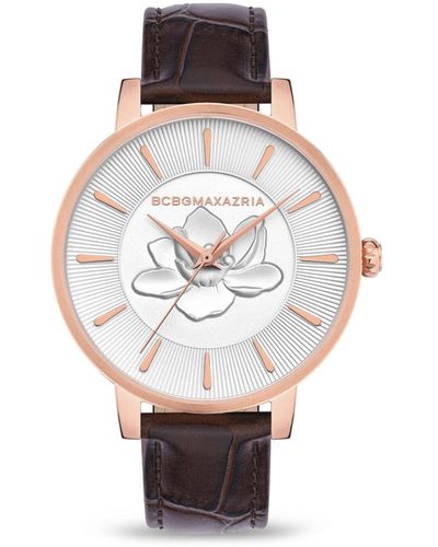 BCBGMAXAZRIA Floral Dial Genuine Leather Strap Watch - Brown
