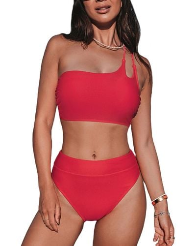 CUPSHE High Waisted One Shoulder Back Lace-up Bikini Sets - Red