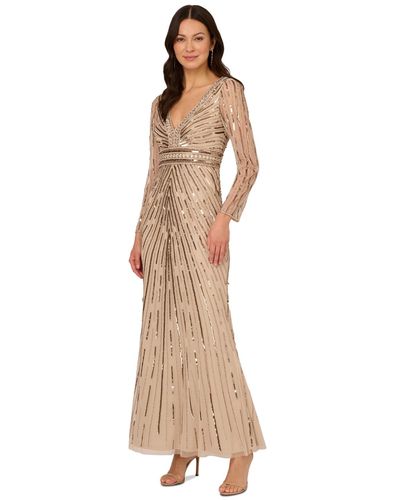 Adrianna Papell Embellished V-neck Long-sleeve Gown - Natural