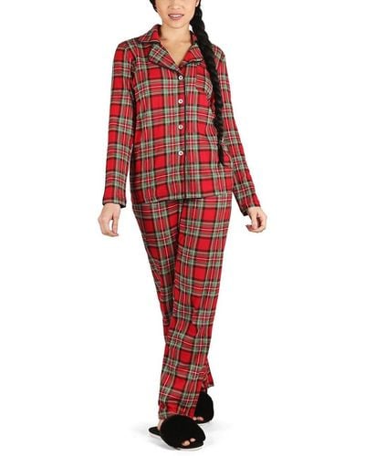 Memoi Plaid Notch Collar Cotton Blend Pajama Set - Red