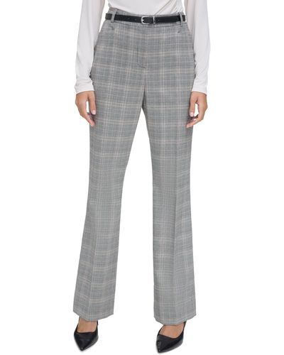 Calvin Klein Petite Plaid Belted Straight-leg Pants - Gray