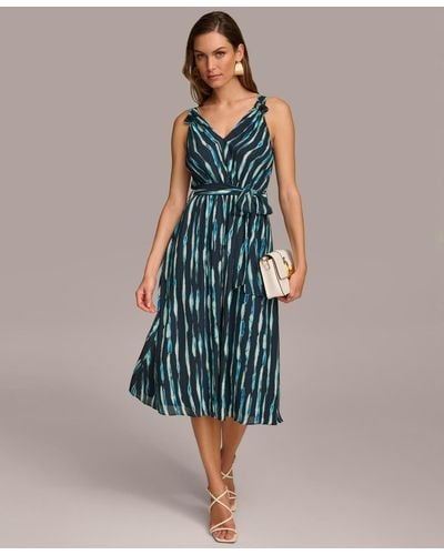Donna Karan Printed Belted A-line Dress - Blue