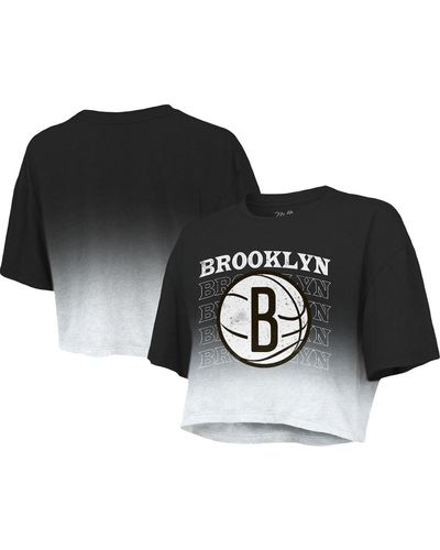 Majestic Threads Black And White Brooklyn Nets Repeat Dip-dye Cropped T-shirt