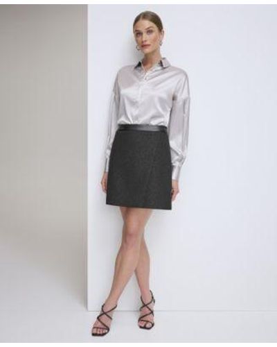 DKNY Collared Button Front Satin Top Lurex Tweed Faux Leather Trim A Line Skirt - White