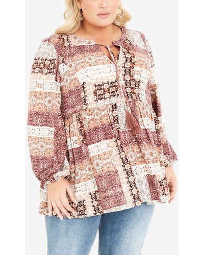 Avenue Plus Size Notched V-neck Tunic Top - Pink