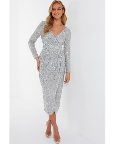 Quiz Long Sleeve Sequin Midi Dress - Gray