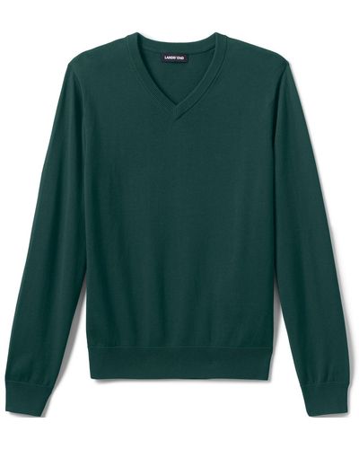 Lands' End School Uniform Cotton Modal Fine Gauge V-neck Sweater - Green