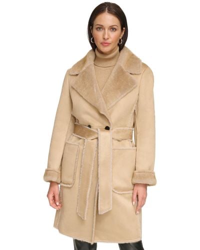 DKNY Petite Belted Notched-collar Faux-shearling Coat - Natural