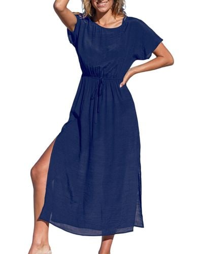 CUPSHE Navy Round Neck Split Seam Maxi Cover-up - Blue