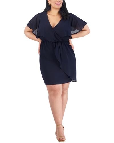 Jessica Howard Plus Size Chiffon Flutter Faux-wrap Dress - Blue