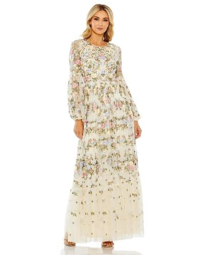 Mac Duggal High Neck Floral Embroidered Puff Sleeve Gown - Metallic