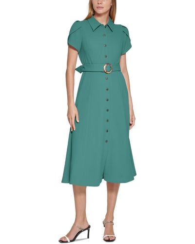 Calvin Klein Puff-sleeve Belted Midi Dress - Green