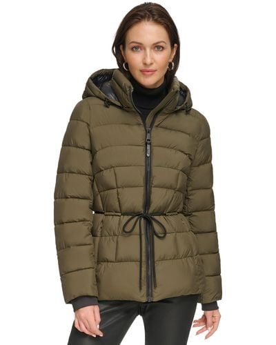 DKNY Rope Belted Hooded Puffer Coat - Green