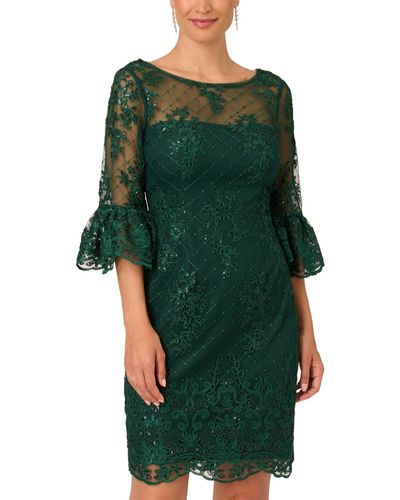 Adrianna Papell Embroidered Bell-sleeve Dress - Green