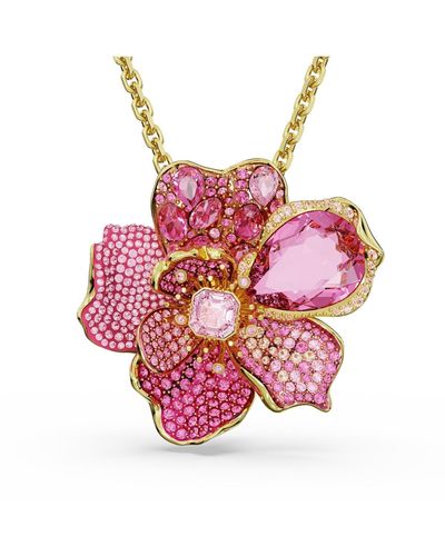 Swarovski Crystal Pave Flower Florere Pendant Necklace And Brooch - Pink