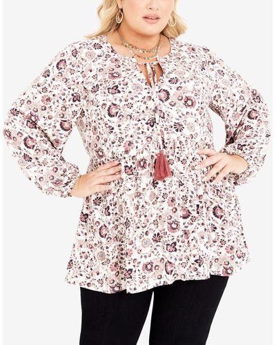 Avenue Plus Size Charmed Notched V-neck Tunic Top - Pink