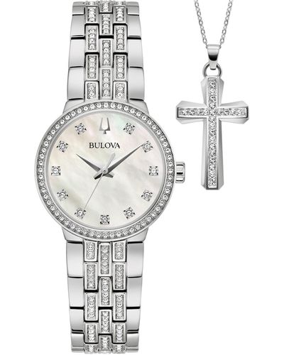 Bulova Classic Crystal Stainless Steel Bracelet Watch Box Set 29mm - White