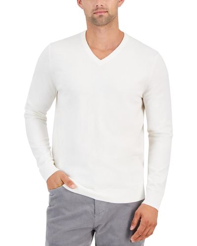 Alfani Solid V-neck Cotton Sweater - White